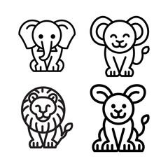 Cute Animal Icons in Outline Style – Vector Set for Kids and Education