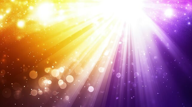 Radiant light rays burst from center, illuminating bokeh and sparkle dust in warm yellow, orange, and purple hues