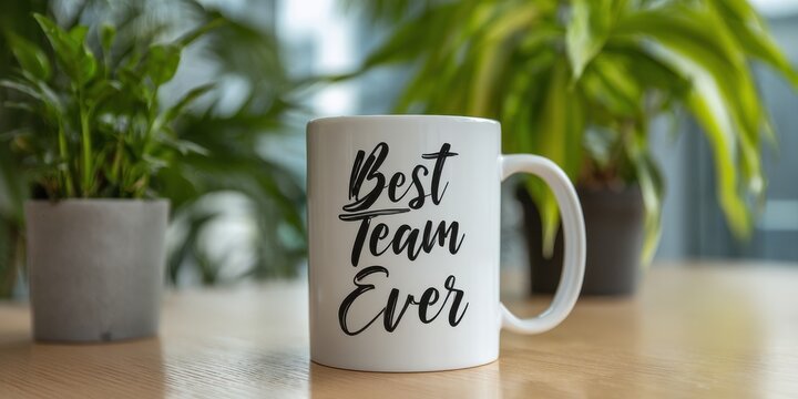 A High Resolution image of white mug with text Best Team Ever on table with green plants in background. Ideal for National Employee Appreciation Day. Motivational quote for work.