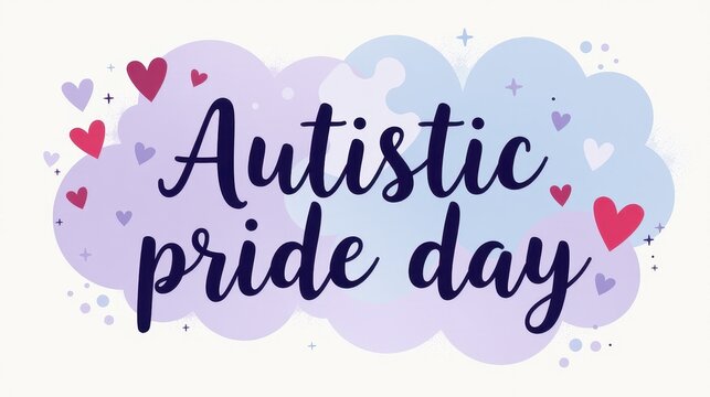 card design with lettering "Autistic Pride Day", surrounded by abstract swirls, stars, or geometric shapes in pride colors, soft gradients, calm and positive ton
