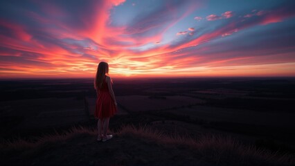 Fototapeta premium Girl in Red Dress Contemplates a Vivid and Colorful Sunset Over a Vast Landscape