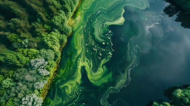 Aerial view of green algae swirling in lake water near dense forest, creating vibrant natural environment and peaceful nature landscape