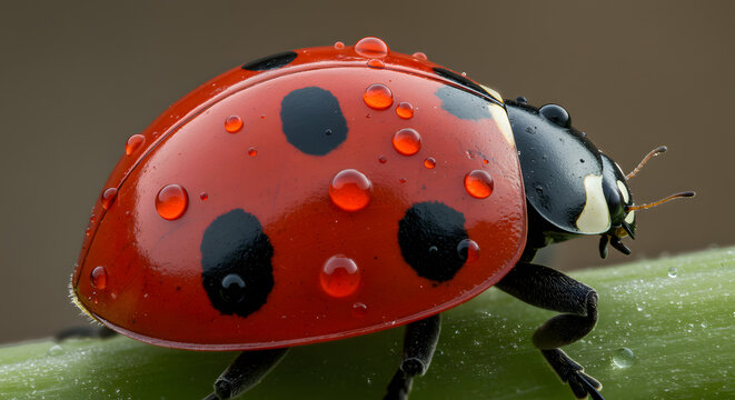 Close up of a ladybug with water droplets on its shell and body