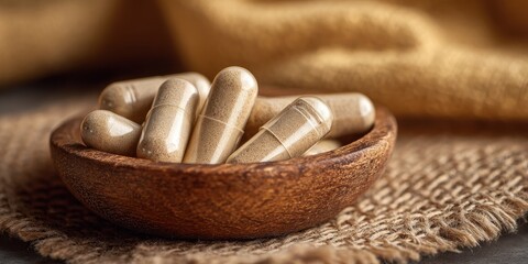 A High Resolution image of ashwagandha capsules on wooden board. Soft natural light, neutral background, earthy tones, yellow hue, burlap cloth. Herbal medicine, wellness concept.