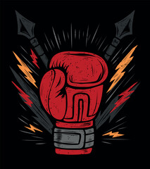 Boxing gloves poster with lightning and spear, boxing championship tee design. grunge textured print sport boxer illustration in sketch style. Silhouette of boxing gloves