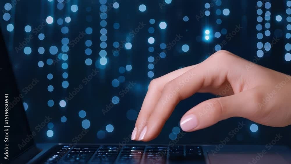 Poster close-up of a hand using laptop keyboard with blue abstract background of glowing dots and light pat