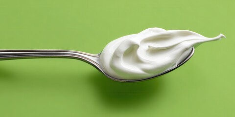 A High Resolution image of fresh natural yogurt cream on metal spoon against green backdrop. Dairy product dessert. Healthy eating concept, perfect for advertising, culinary blogs, food.