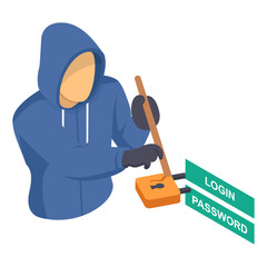 Burglar Trying To Break the Gate with a Crowbar isometric Concept, Breaking Master Lock vector icon design, White Collar Crime symbol, Computer crime Sign, security breakers stock illustration