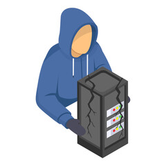 Script Kiddie Working on laptop isometric Concept,  wardrivers vector icon design, White Collar Crime symbol, Computer crime Sign, security breakers stock illustration