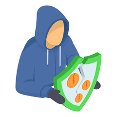 Malicious Hacker isometric Concept, breaking security shield vector icon design, White Collar Crime symbol, Computer crime Sign, security breakers stock illustration
