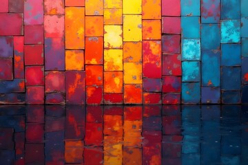 Fototapeta premium A bright mosaic wall with a grid of multicolored, weathered metal squares displaying shades of red, orange, yellow and blue