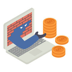 Breaking Firewall and stealing cryptocurrency isometric Concept, bypassing Network Security vector icon design, White Collar Crime symbol, Computer crime Sign, security breakers stock illustration