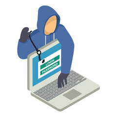 Session hijacking isometric Concept, hackers attempt to steal valuable information vector icon design, White Collar Crime symbol, Computer crime Sign, security breakers stock illustration