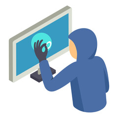 hackers try to break security system isometric Concept, spying and penetration testing vector icon design, White Collar Crime symbol, Computer crime Sign, security breakers stock illustration