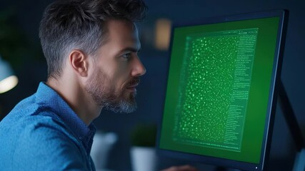 Focused Coder Analyzing Data on Computer Screen in Modern Home Office at Night with Green Coding Background