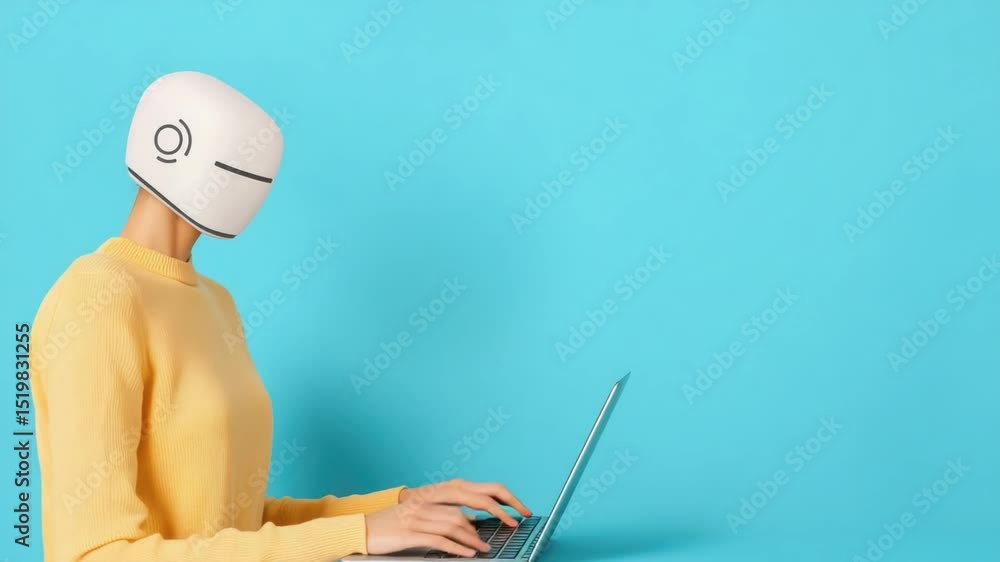 Poster cartoon character with a computer monitor head typing on a laptop in a bright modern workspace