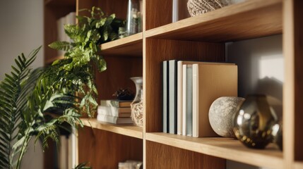 Fototapeta premium Sunlit wooden bookshelf with plants, books, and ceramic decor. Cozy home office corner with warm shadows. Calm focus and mindful productivity. Ideal for branding, interiors, and lifestyle blogs.