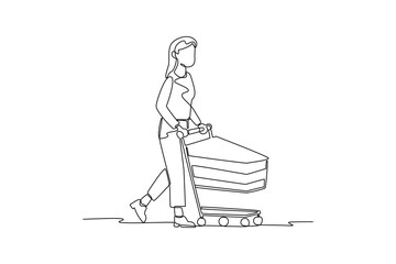 Customer pushing shopping cart in continuous line drawing style