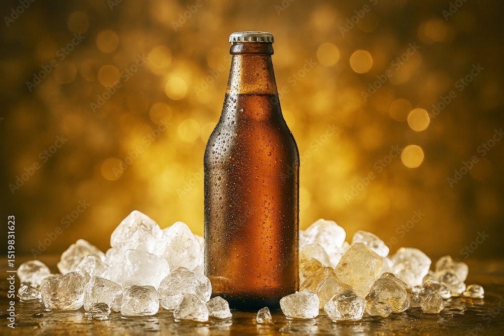 Poster chilled brown glass beer bottle surrounded by ice cubes on glossy surface with golden bokeh light ba