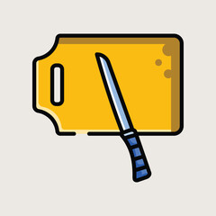 Wooden Cutting Board and Sharp Kitchen Knife for Food Preparation in Cartoon Flat Style