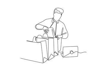 Shop assistant packing online retail orders with continuous line drawing