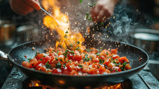 chef is cooking vegetables in a frying pan while skillfully tossing them. high-speed photography.