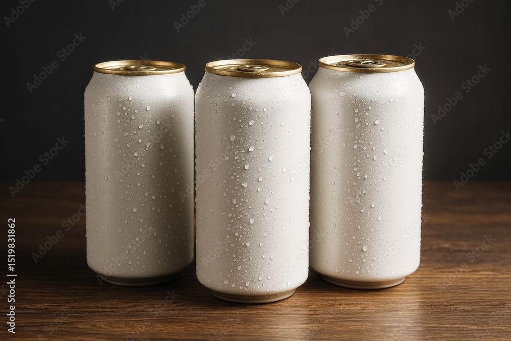Poster three blank white beverage cans with condensation standing on a wooden table against a dark backgrou