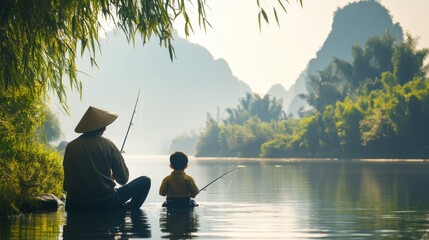 Father and son fishing by a tranquil river, scenic mountains in background.