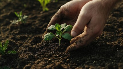 Hands planting a seedling in rich dark soil.