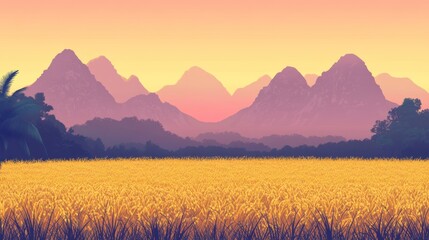 Golden rice field at sunset with mountain range background. (1)