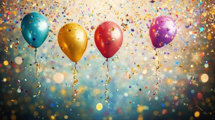Four colorful balloons and confetti against a sparkling background.