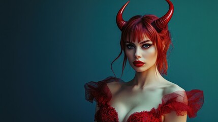 Redhead woman with devil horns in red dress against teal background.