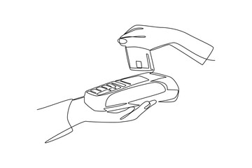 Customer paying with contactless credit card using pos terminal in continuous line drawing