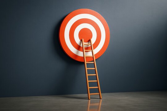Large red and white target with wooden ladder leaning against it on dark wall background symbolizing achieving a goal or success concept.