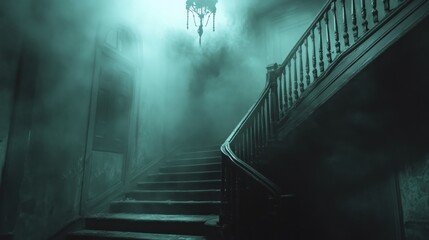 Spooky, foggy staircase in an old haunted house.