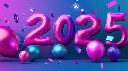 Shiny pink 2025 balloons with confetti and sparkles for New Year's celebration.