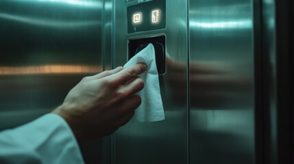 Hand sanitizing elevator buttons with wipe.