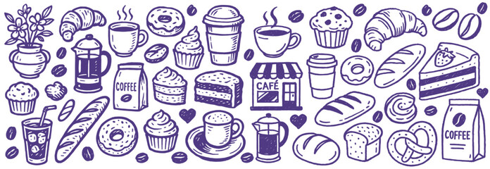 Hand drawn sketch style coffee shop set illustration of various coffees and bakery items collection