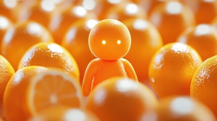 Glowing orange figure amidst many oranges.