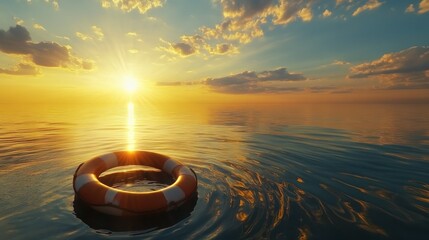 Lifebuoy floats on calm ocean at sunset.