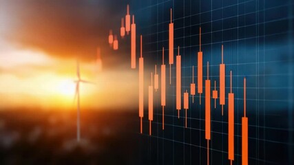Financial Market Visualization with Stock Chart and Wind Turbine in Background During Sunset - Powered by Adobe