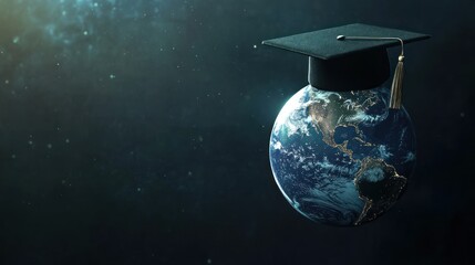 Graduation cap on Earth; global education concept.
