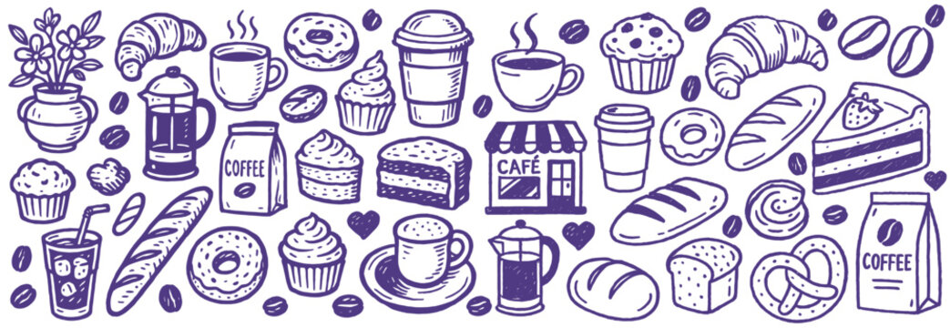 Naklejki Hand drawn sketch style coffee shop set illustration of various coffees and bakery items collection