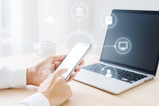 Person using smartphone with digital network icons near open laptop on desk, symbolizing cloud computing and online connectivity concept.