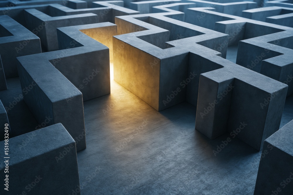 Poster Abstract dark maze with glowing exit symbolizing solution, breakthrough or opportunity in a confusing situation in surreal conceptual background.