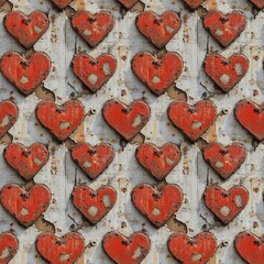 Dented metal backdrop with orange hearts and rivets.