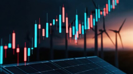 Data Visualization of Renewable Energy Growth with Wind Turbines and Solar Panels in the Background - Powered by Adobe