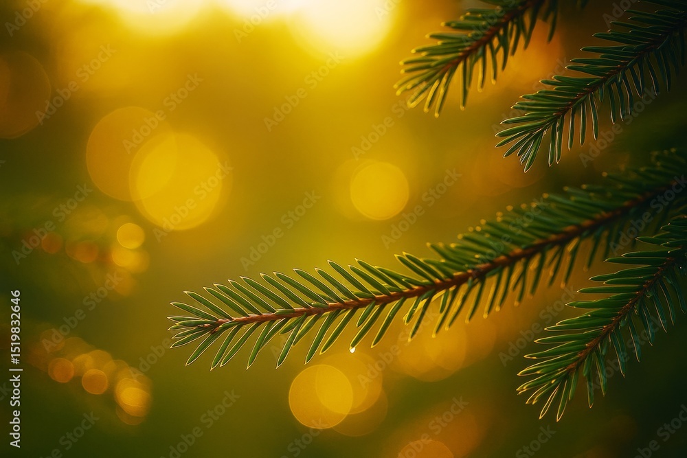 Poster closeup of pine needles in warm golden light with nature bokeh background, emphasizing tranquility a