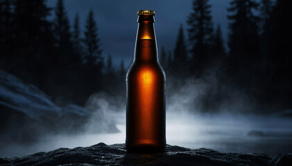 A bottle of beer made of cold brown glass stands on a wet stone, illuminated by the warm light against the fog-filled night forest.