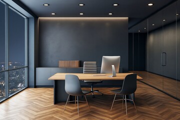 Modern corporate office interior with wooden desk, sleek computer, dark walls, and night cityscape through glass windows. Ai generative.